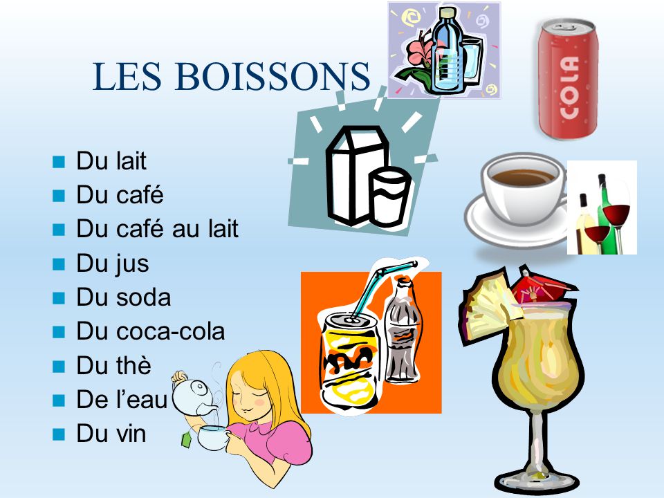 LES BOISSONS Du lait Du café Du café au lait Du jus Du soda
