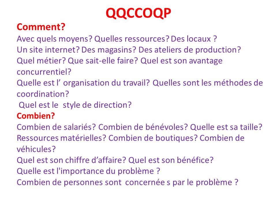 QQCCOQP Comment Avec quels moyens Quelles ressources Des locaux