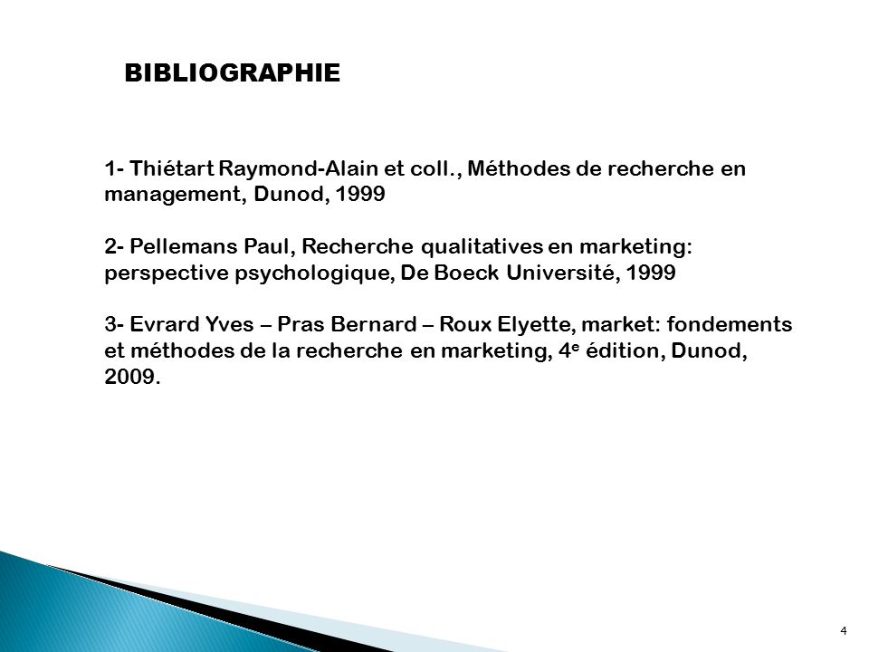 BIBLIOGRAPHIE 1- Thiétart Raymond-Alain et coll., Méthodes de recherche en management, Dunod,