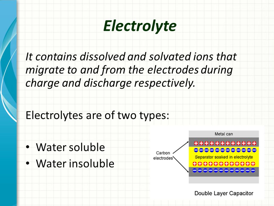 Electrolyte It contains dissolved and solvated ions that migrate to and from the electrodes during charge and discharge respectively.