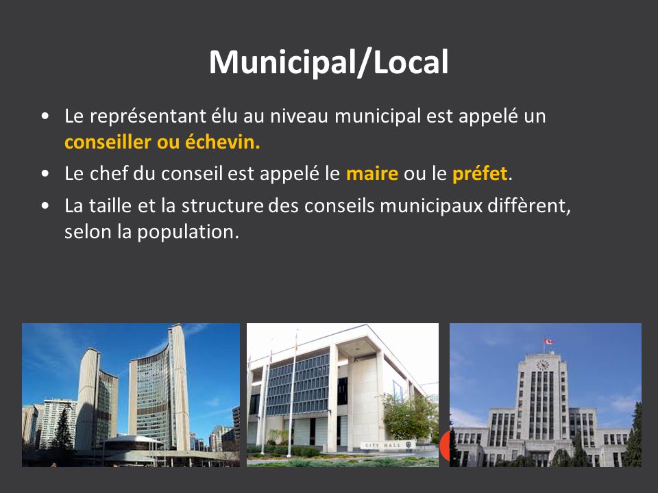 Municipal/Local Le représentant élu au niveau municipal est appelé un conseiller ou échevin. Le chef du conseil est appelé le maire ou le préfet.