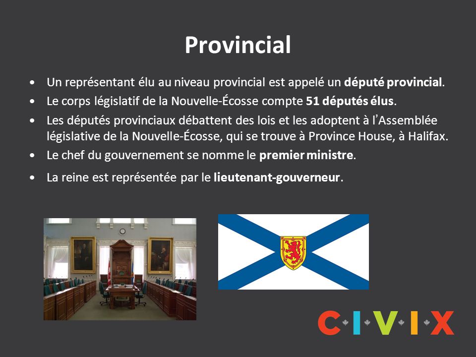 Provincial Un représentant élu au niveau provincial est appelé un député provincial.