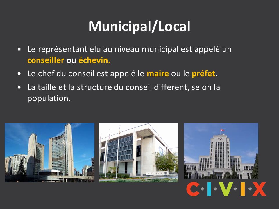 Municipal/Local Le représentant élu au niveau municipal est appelé un conseiller ou échevin. Le chef du conseil est appelé le maire ou le préfet.