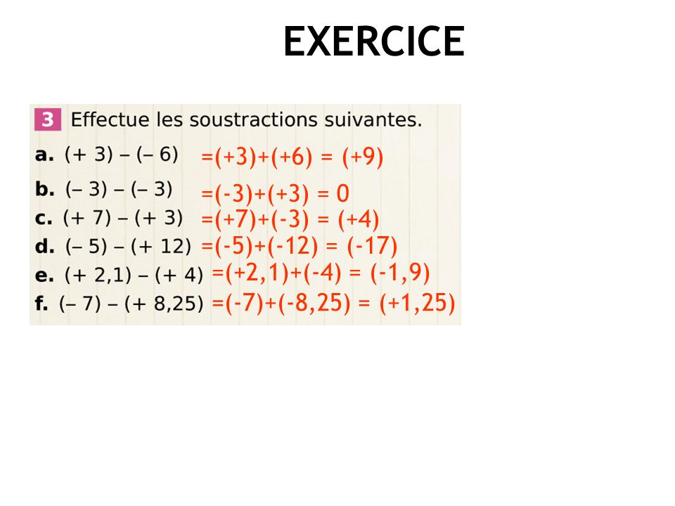 EXERCICE =(+3)+(+6) = (+9) =(-3)+(+3) = 0 =(+7)+(-3) = (+4)