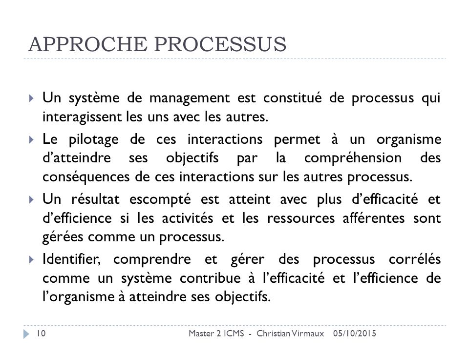 APPROCHE PROCESSUS Un système de management est constitué de processus qui interagissent les uns avec les autres.
