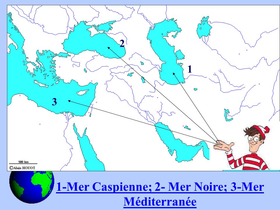 1-Mer Caspienne; 2- Mer Noire; 3-Mer Méditerranée