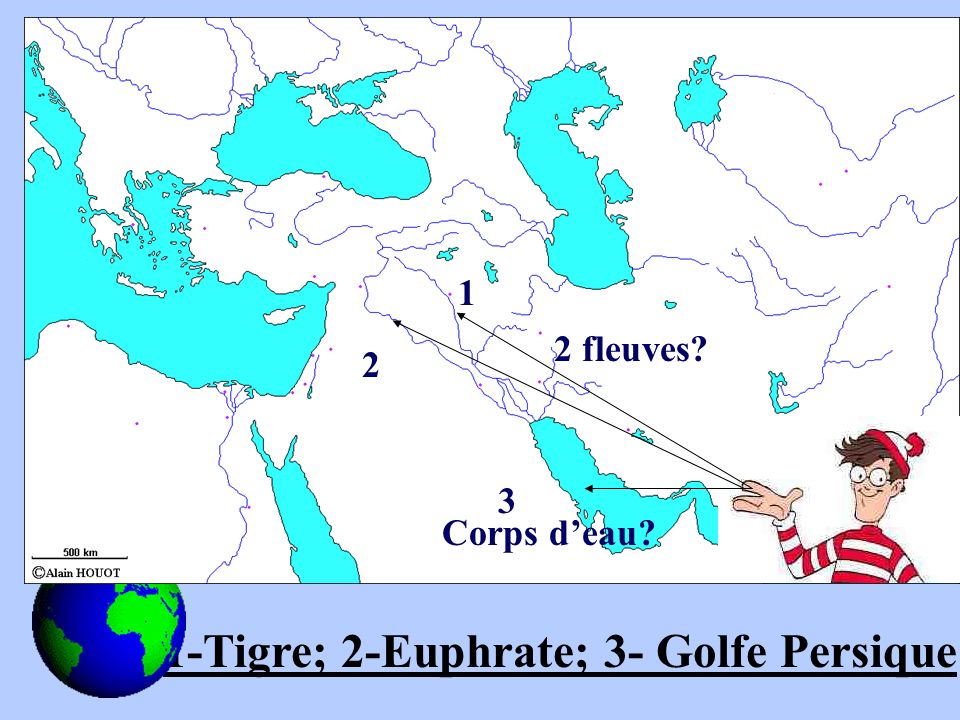 1-Tigre; 2-Euphrate; 3- Golfe Persique