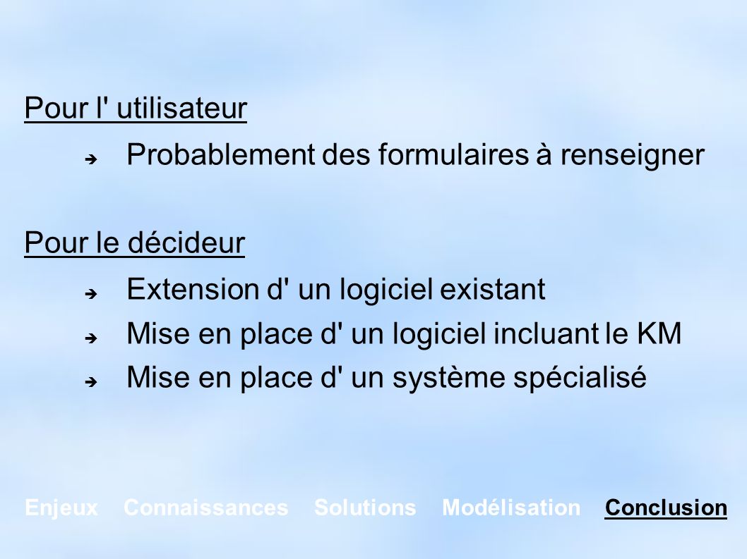 Enjeux Connaissances Solutions Modélisation Conclusion