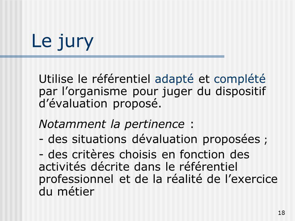 Le jury Utilise le référentiel adapté et complété par l’organisme pour juger du dispositif d’évaluation proposé.