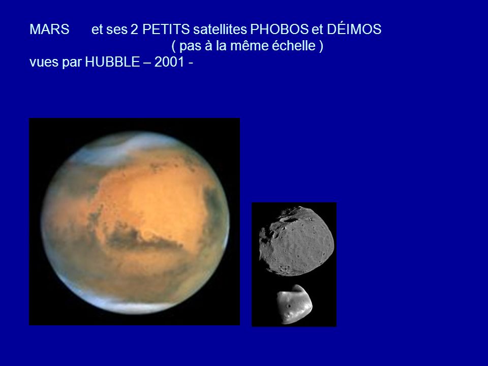 MARS et ses 2 PETITS satellites PHOBOS et DÉIMOS ( pas à la même échelle ) vues par HUBBLE –