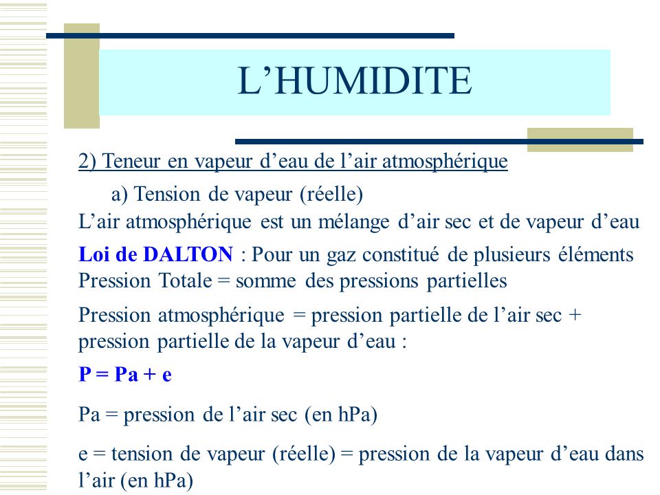 L'HUMIDITE I) Notions générales sur la physique de l'eau - ppt