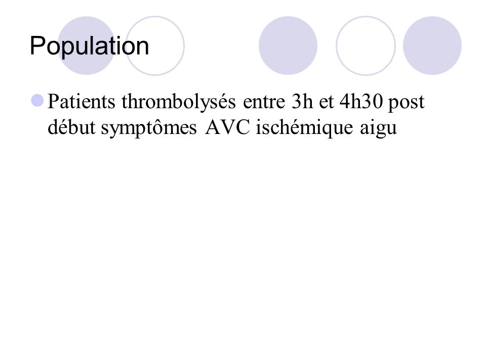 Population Patients thrombolysés entre 3h et 4h30 post début symptômes AVC ischémique aigu
