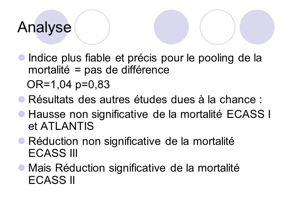 Analyse Indice plus fiable et précis pour le pooling de la mortalité = pas de différence. OR=1,04 p=0,83.