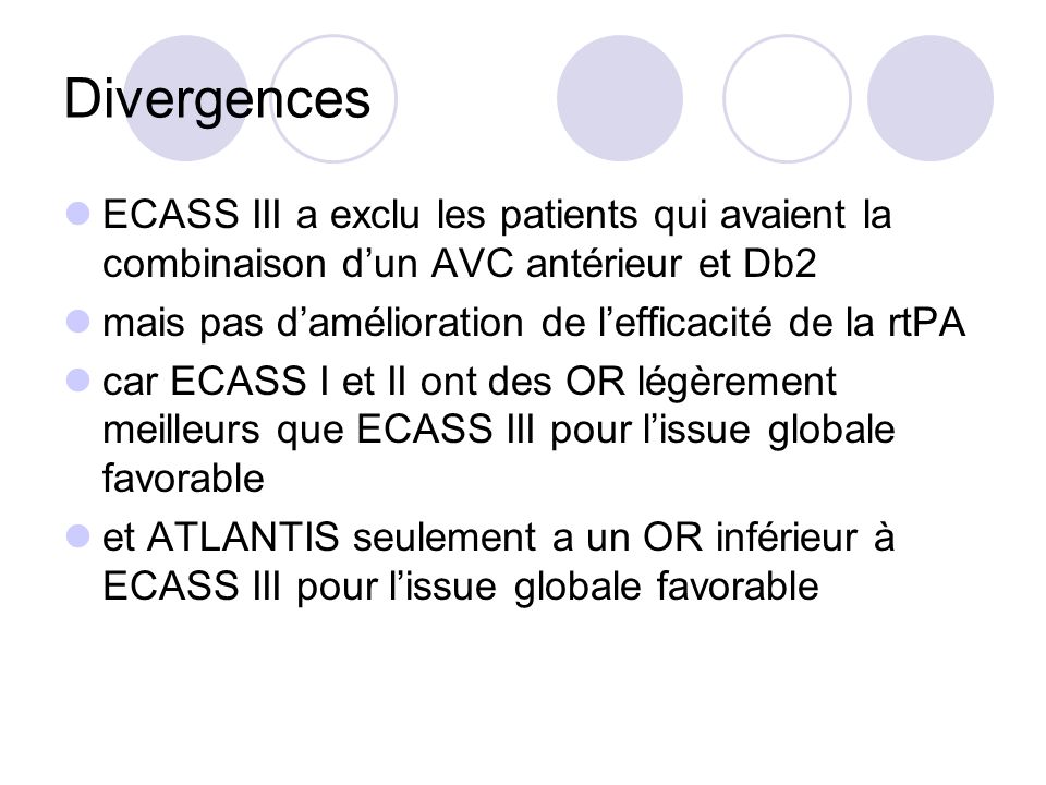 Divergences ECASS III a exclu les patients qui avaient la combinaison d’un AVC antérieur et Db2. mais pas d’amélioration de l’efficacité de la rtPA.