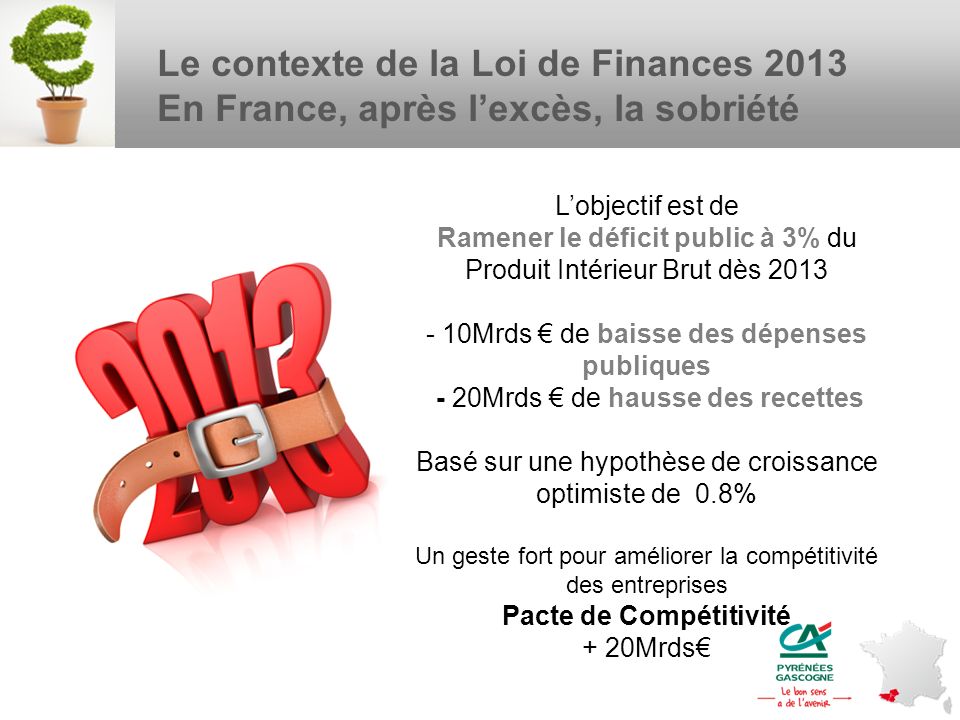 Le contexte de la Loi de Finances 2013 En France, après l’excès, la sobriété