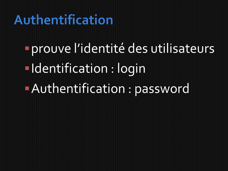 Authentification prouve l’identité des utilisateurs.
