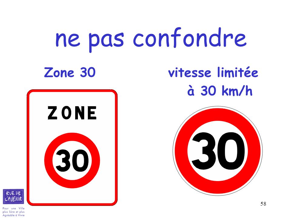 ne pas confondre Zone 30 vitesse limitée à 30 km/h