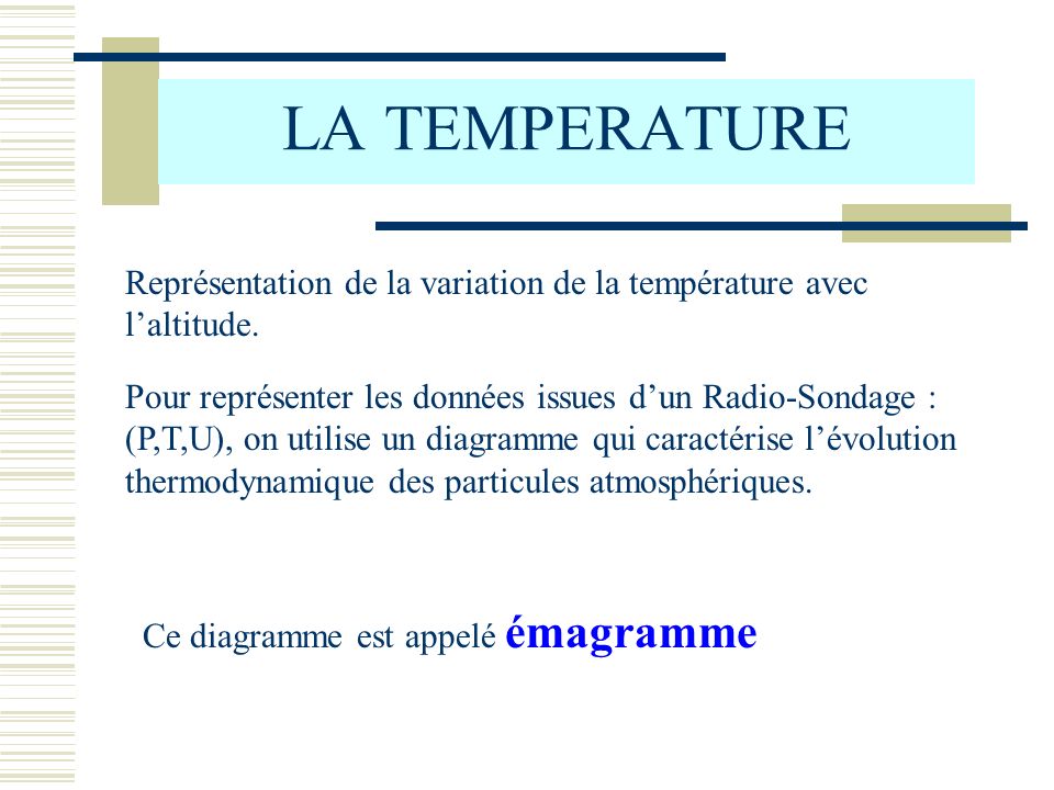 LA TEMPERATURE Représentation de la variation de la température avec l’altitude.