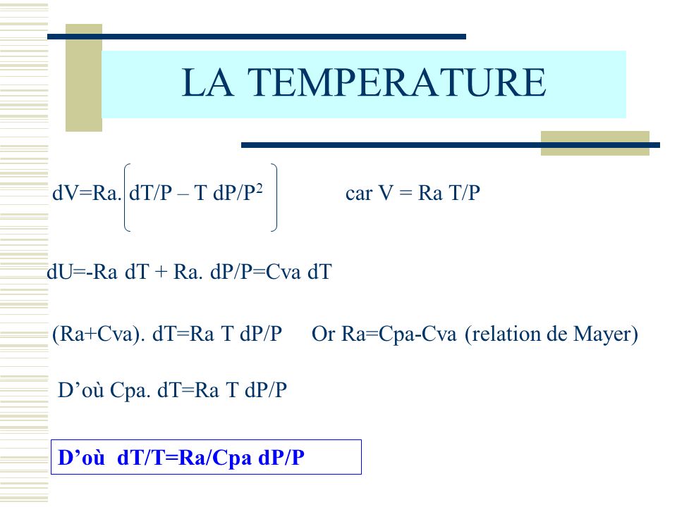LA TEMPERATURE dV=Ra. dT/P – T dP/P2 car V = Ra T/P
