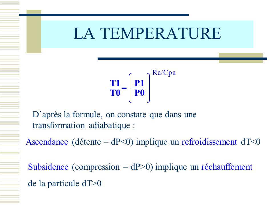 LA TEMPERATURE T1 P1. T0 P0. = Ra/Cpa. D’après la formule, on constate que dans une transformation adiabatique :