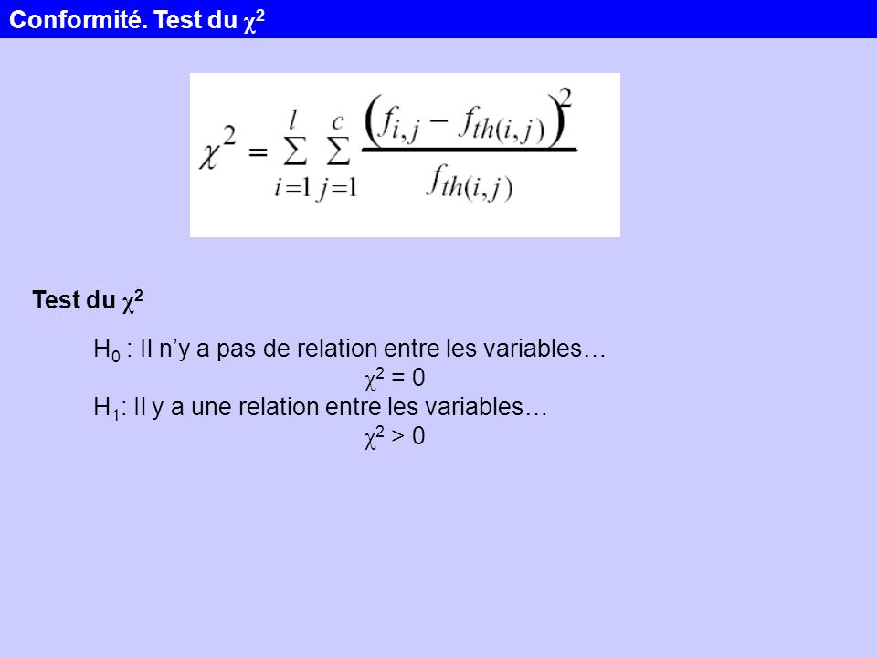 Conformité. Test du χ2 Test du χ2. H0 : Il n’y a pas de relation entre les variables… χ2 = 0. H1: Il y a une relation entre les variables…
