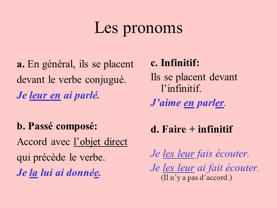 Les pronoms a. En général, ils se placent devant le verbe conjugué.
