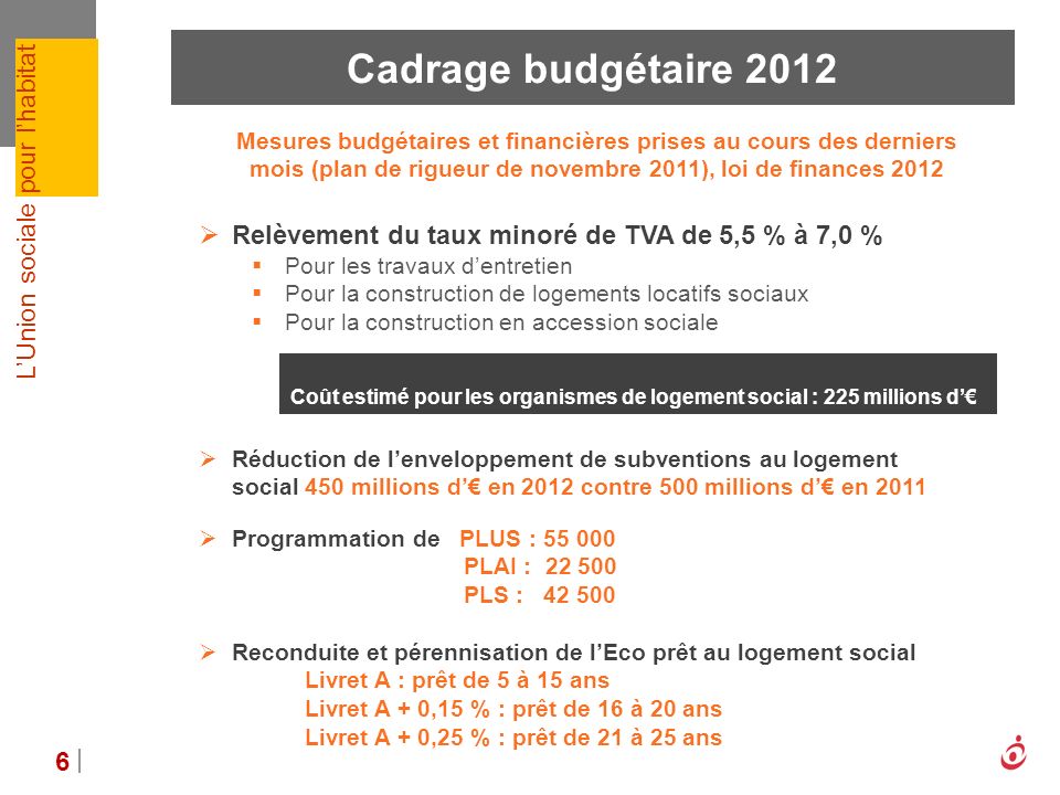Cadrage budgétaire 2012 Mesures budgétaires et financières prises au cours des derniers mois (plan de rigueur de novembre 2011), loi de finances