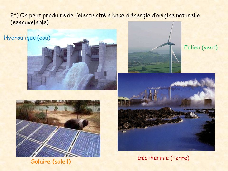 2°) On peut produire de l’électricité à base d’énergie d’origine naturelle