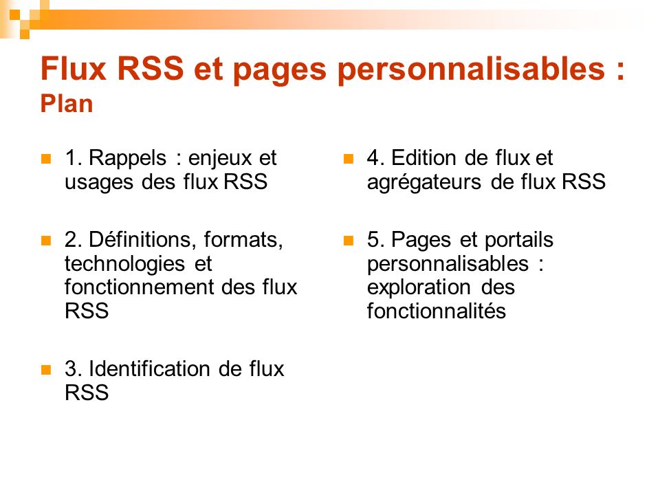 Flux RSS et pages personnalisables : Plan