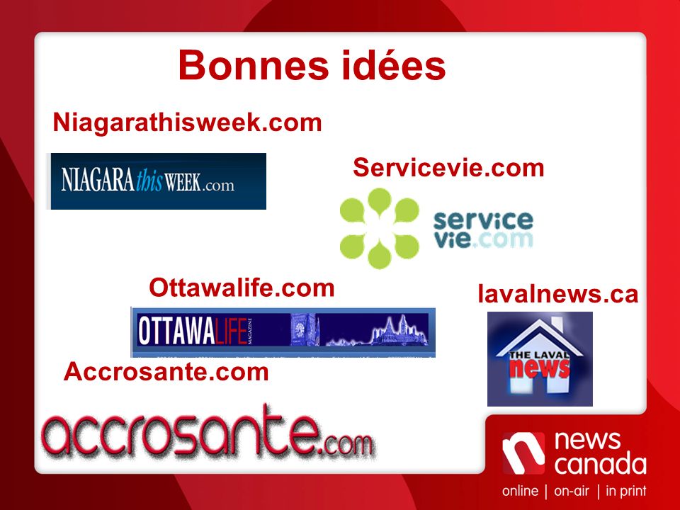 Bonnes idées Niagarathisweek.com Servicevie.com Ottawalife.com
