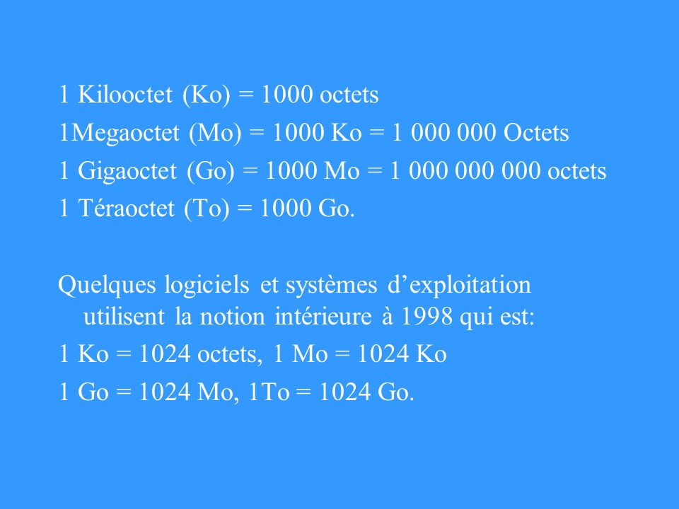 1 Kilooctet (Ko) = 1000 octets