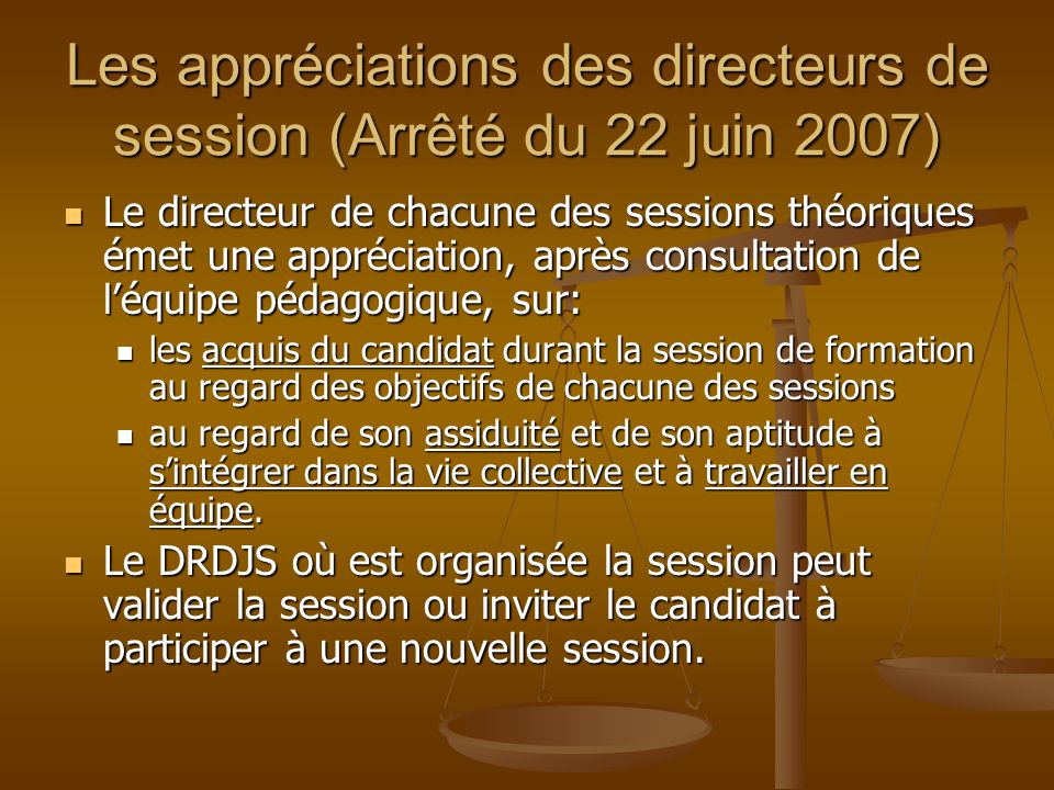 Les appréciations des directeurs de session (Arrêté du 22 juin 2007)