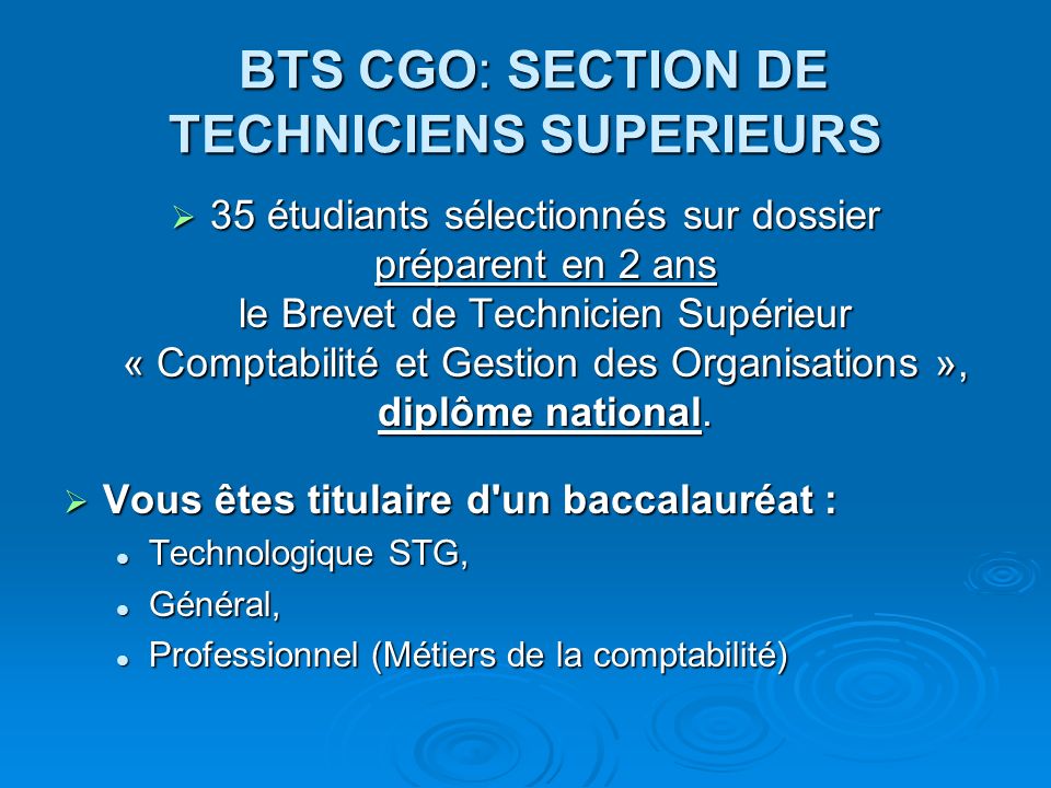 BTS CGO: SECTION DE TECHNICIENS SUPERIEURS