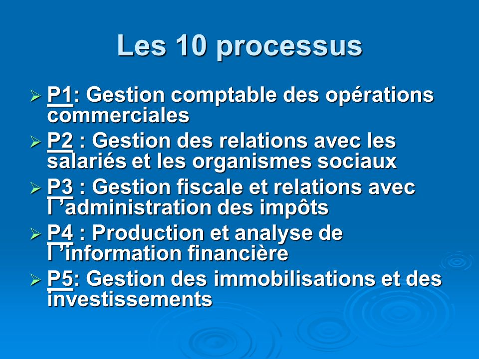 Les 10 processus P1: Gestion comptable des opérations commerciales