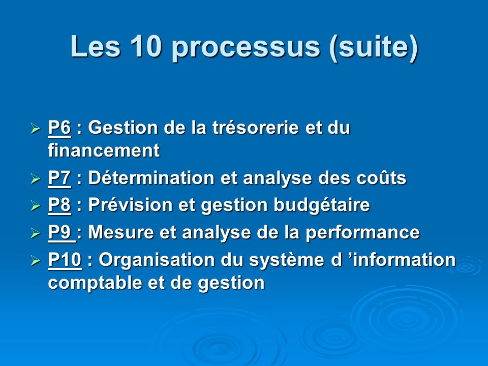Les 10 processus (suite) P6 : Gestion de la trésorerie et du financement. P7 : Détermination et analyse des coûts.