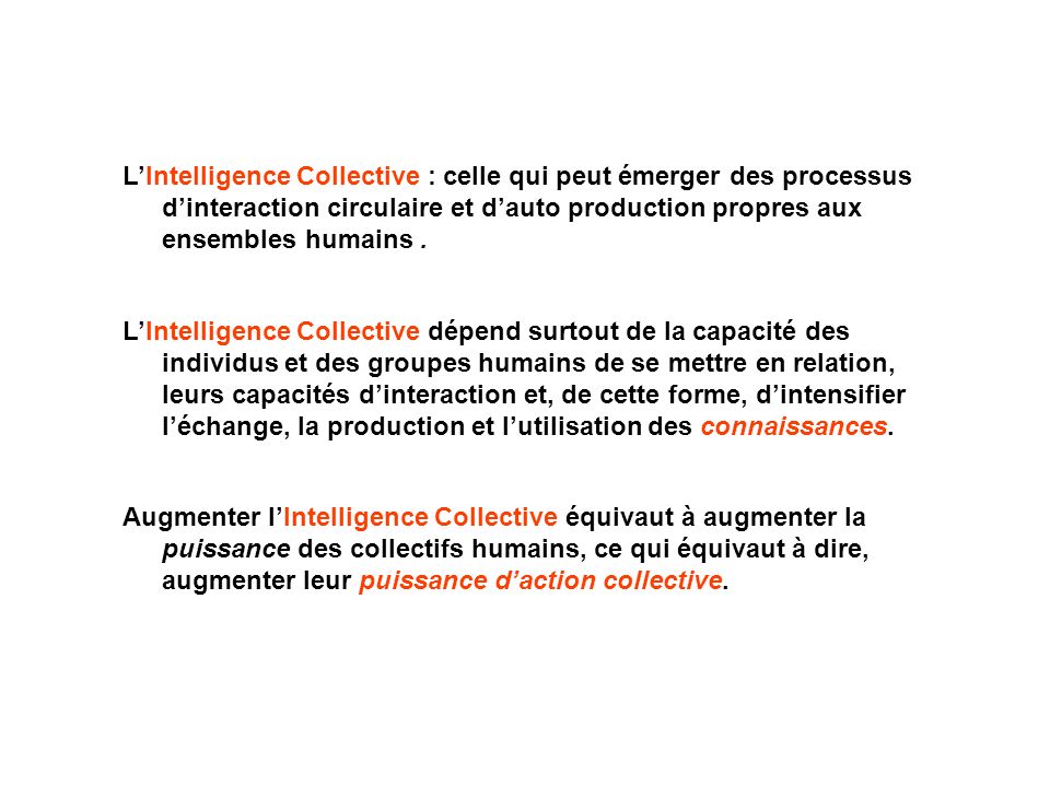 L’Intelligence Collective : celle qui peut émerger des processus d’interaction circulaire et d’auto production propres aux ensembles humains .